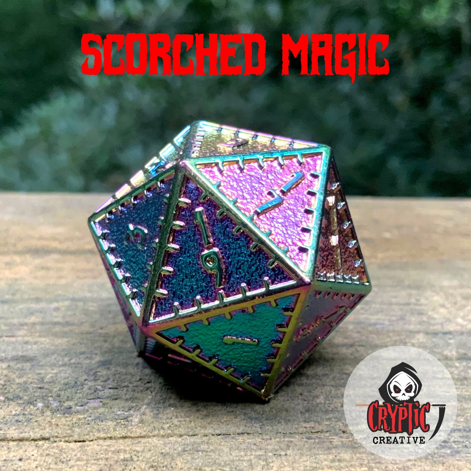 Scorched Magic - 35mm d20-Cryptic Creative-Metal Dice-DND Dice-Large Dice-D&D Dice-Cryptic Creative