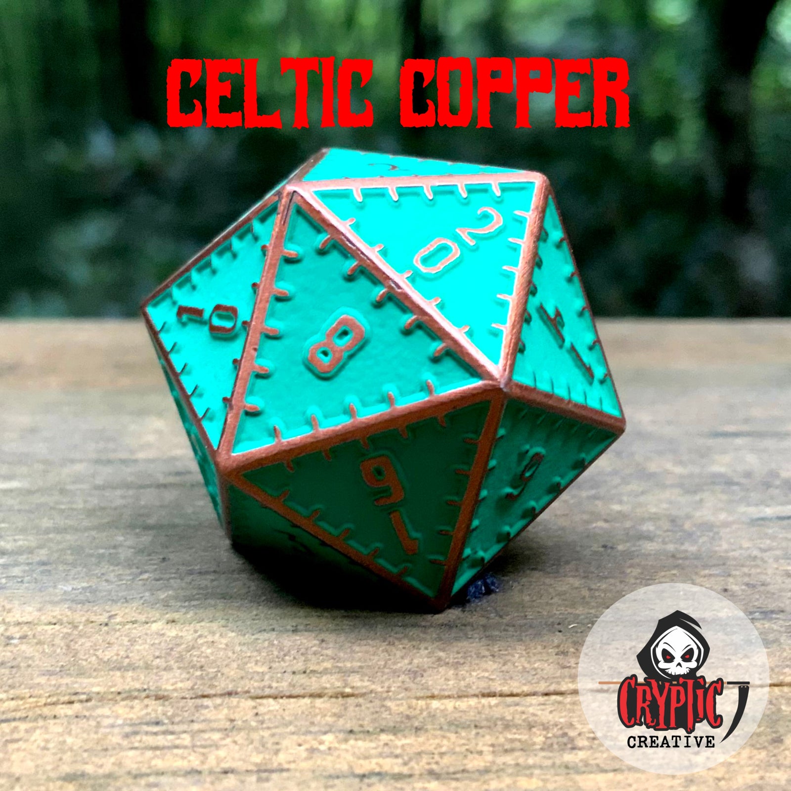 Celtic Copper - 35mm d20-Cryptic Creative-Metal Dice-DND Dice-Large Dice-D&D Dice-Cryptic Creative