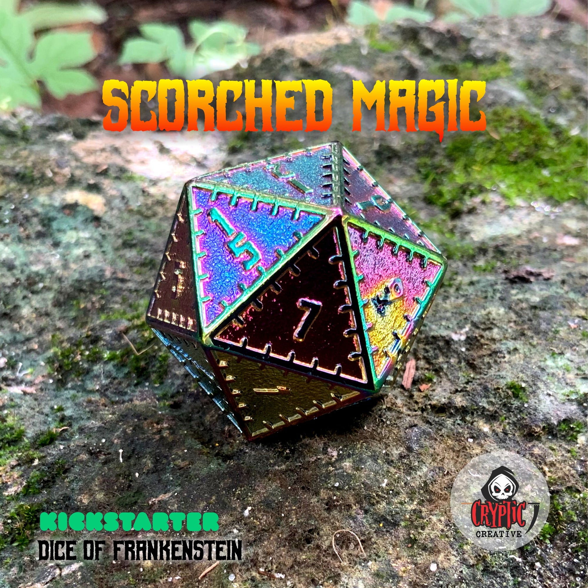 Scorched Magic - 35mm d20-Cryptic Creative-Metal Dice-DND Dice-Large Dice-D&D Dice-Cryptic Creative
